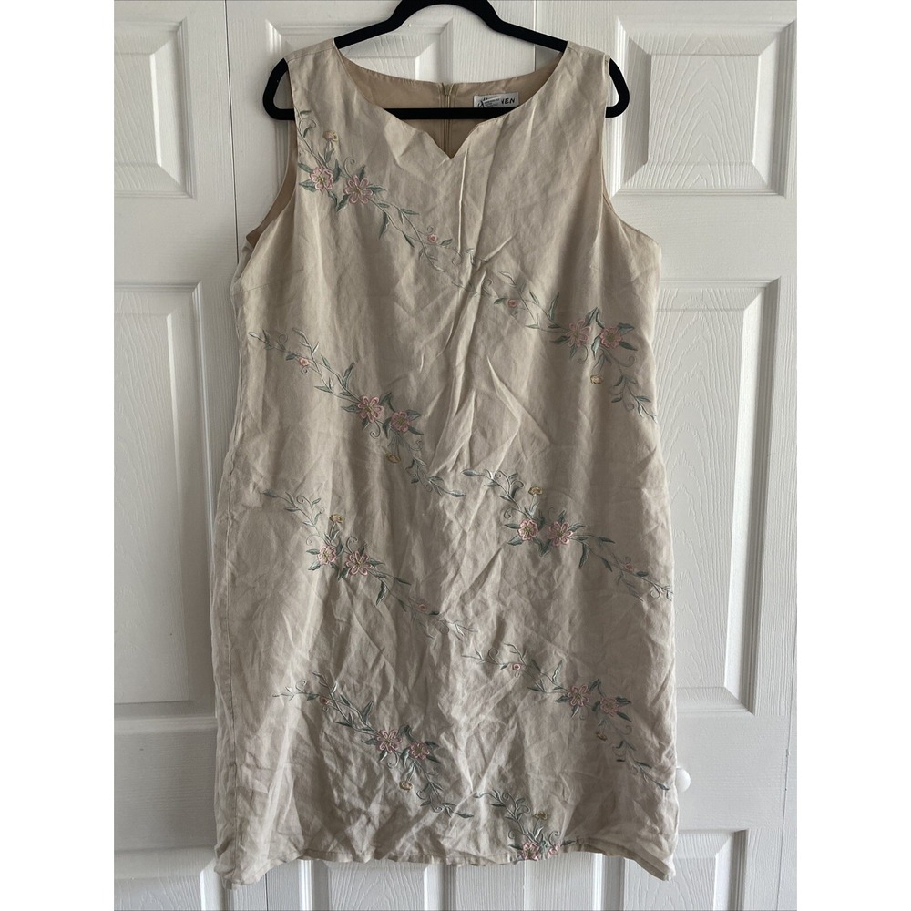 JM Linen‎ Floral Embroidered Shift Dress Womens Size 1X Beige Sleeveless Linen